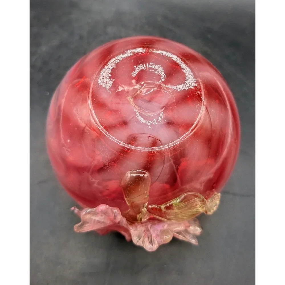 Uranium Glass Applied Flower Rose Bowl Opalescent Cranberry Swirl UV Glow 4.5